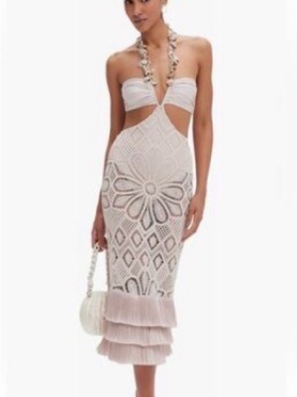 PatBO Blush Crochet Midi Dress with Tiered Fringe Hem sz M